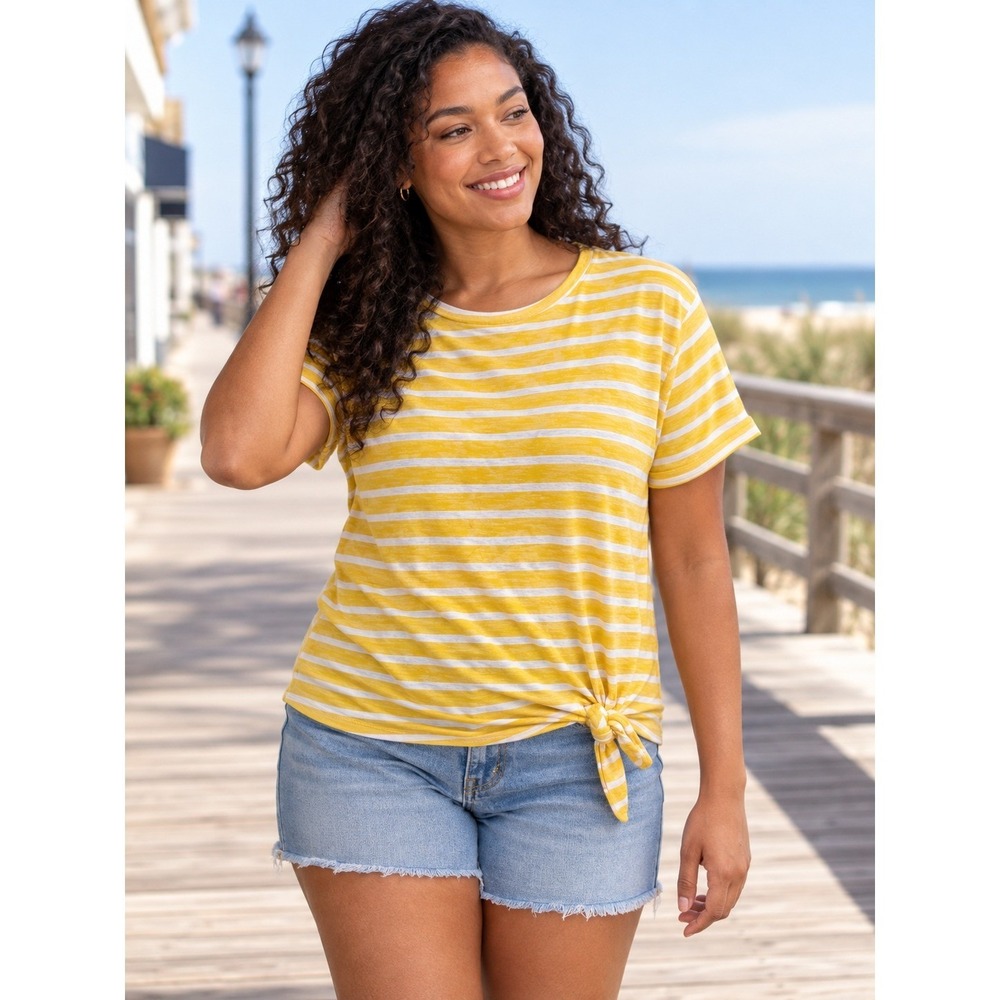 Old Navy Crop Shirt Top Womens Size Medium Yellow White Stripe Waist Tie Hippie
